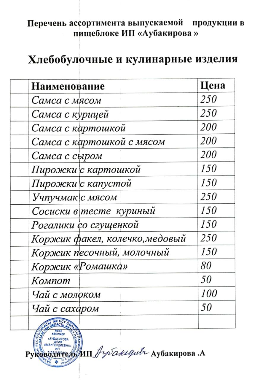 «Аубакирова» АЖ азық-түлік бірлігінде өндірілетін өнім ассортиментінің тізімі